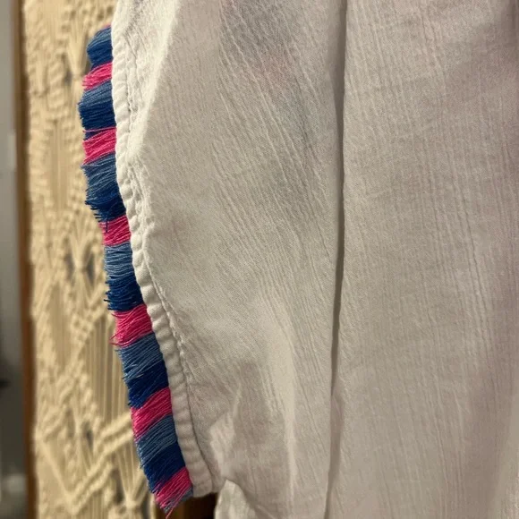 J. Crew White Tunic Gauze Beach Cover Up with Pink and Blue Fringe Trim - Picture 4 of 11